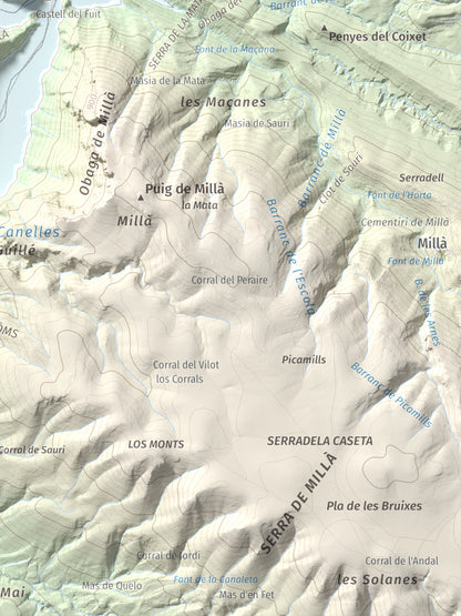 Mapa de relieve de Torre de les Conclues, 699 m, Noguera, lámina 100 Cims de Trobart. Detalle de la zona inferior derecha. 30 × 40 cm.