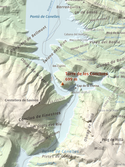 Mapa de relieve de Torre de les Conclues, 699 m, Noguera, lámina 100 Cims de Trobart. Detalle de la zona central. 30 × 40 cm.