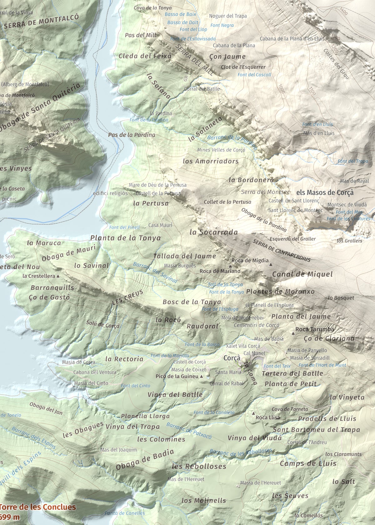 Mapa de relieve de Torre de les Conclues, 699 m, Noguera, lámina 100 Cims de Trobart. Detalle de la zona superior derecha. 50 × 70 cm.