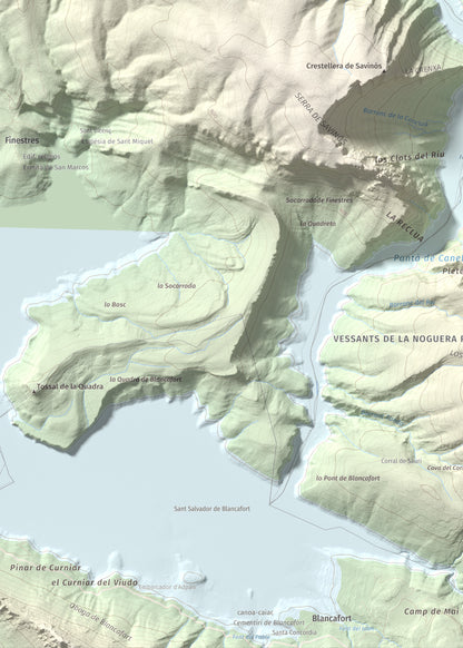 Mapa de relieve de Torre de les Conclues, 699 m, Noguera, lámina 100 Cims de Trobart. Detalle de la zona inferior izquierda. 50 × 70 cm.
