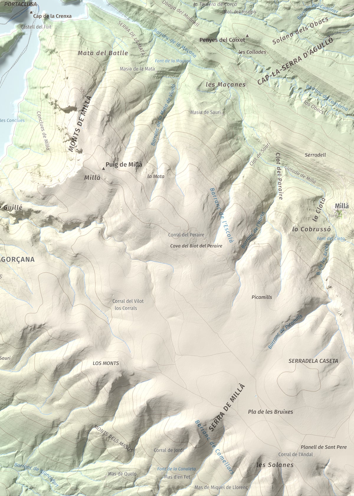 Mapa de relieve de Torre de les Conclues, 699 m, Noguera, lámina 100 Cims de Trobart. Detalle de la zona inferior derecha. 50 × 70 cm.