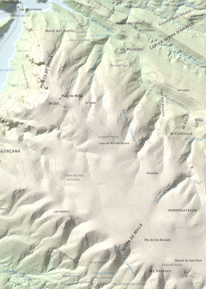 Mapa de relieve de Torre de les Conclues, 699 m, Noguera, lámina 100 Cims de Trobart. Detalle de la zona inferior derecha. 50 × 70 cm.
