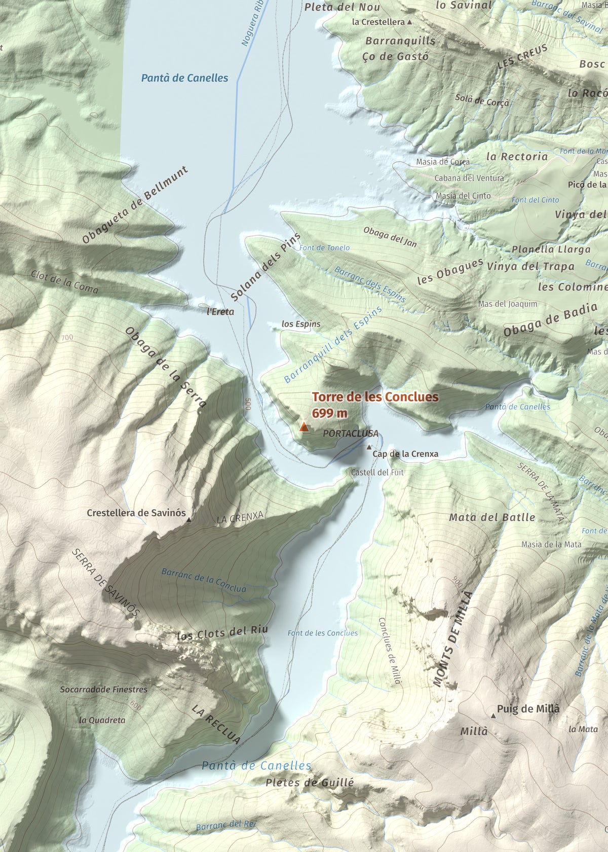 Mapa de relieve de Torre de les Conclues, 699 m, Noguera, lámina 100 Cims de Trobart. Detalle de la zona central. 50 × 70 cm.