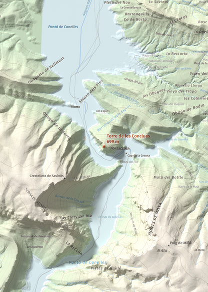 Mapa de relieve de Torre de les Conclues, 699 m, Noguera, lámina 100 Cims de Trobart. Detalle de la zona central. 50 × 70 cm.