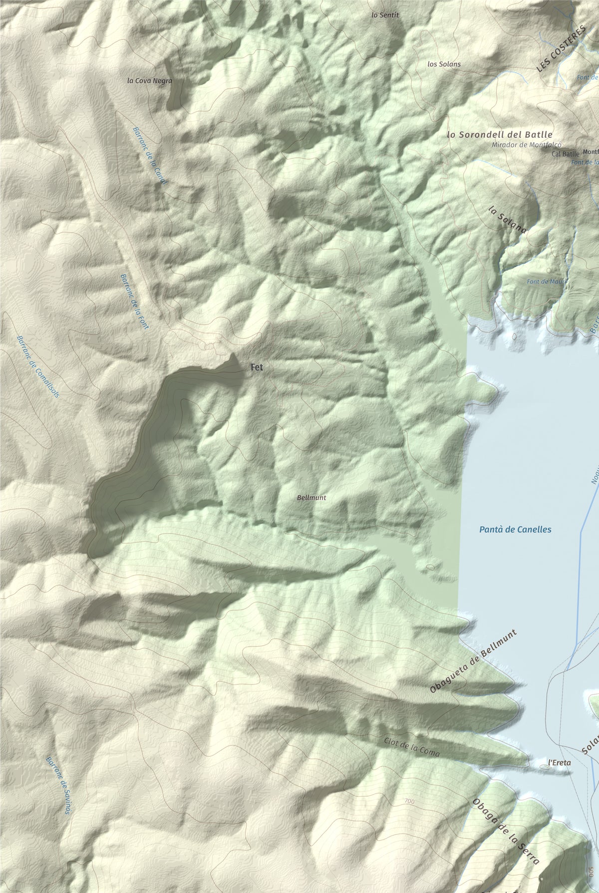 Mapa de relieve de Torre de les Conclues, 699 m, Noguera, lámina 100 Cims de Trobart. Detalle de la zona superior izquierda. 61 × 91 cm.