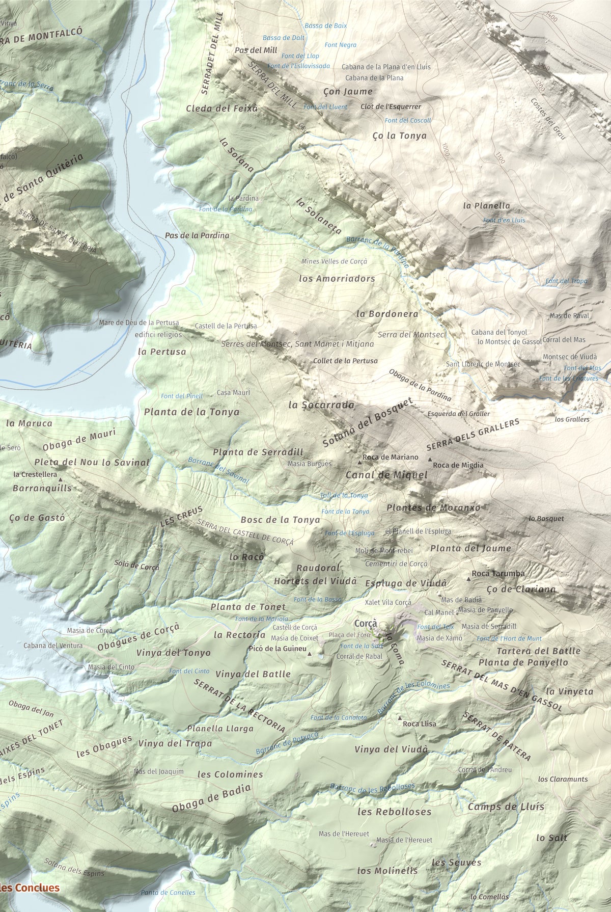Mapa de relieve de Torre de les Conclues, 699 m, Noguera, lámina 100 Cims de Trobart. Detalle de la zona superior derecha. 61 × 91 cm.