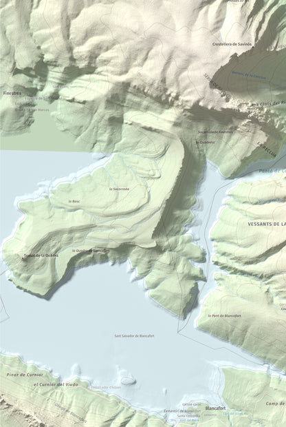 Mapa de relieve de Torre de les Conclues, 699 m, Noguera, lámina 100 Cims de Trobart. Detalle de la zona inferior izquierda. 61 × 91 cm.