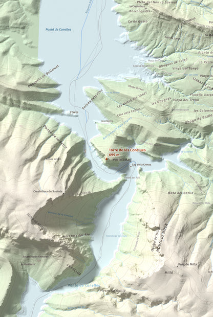 Mapa de relieve de Torre de les Conclues, 699 m, Noguera, lámina 100 Cims de Trobart. Detalle de la zona central. 61 × 91 cm.