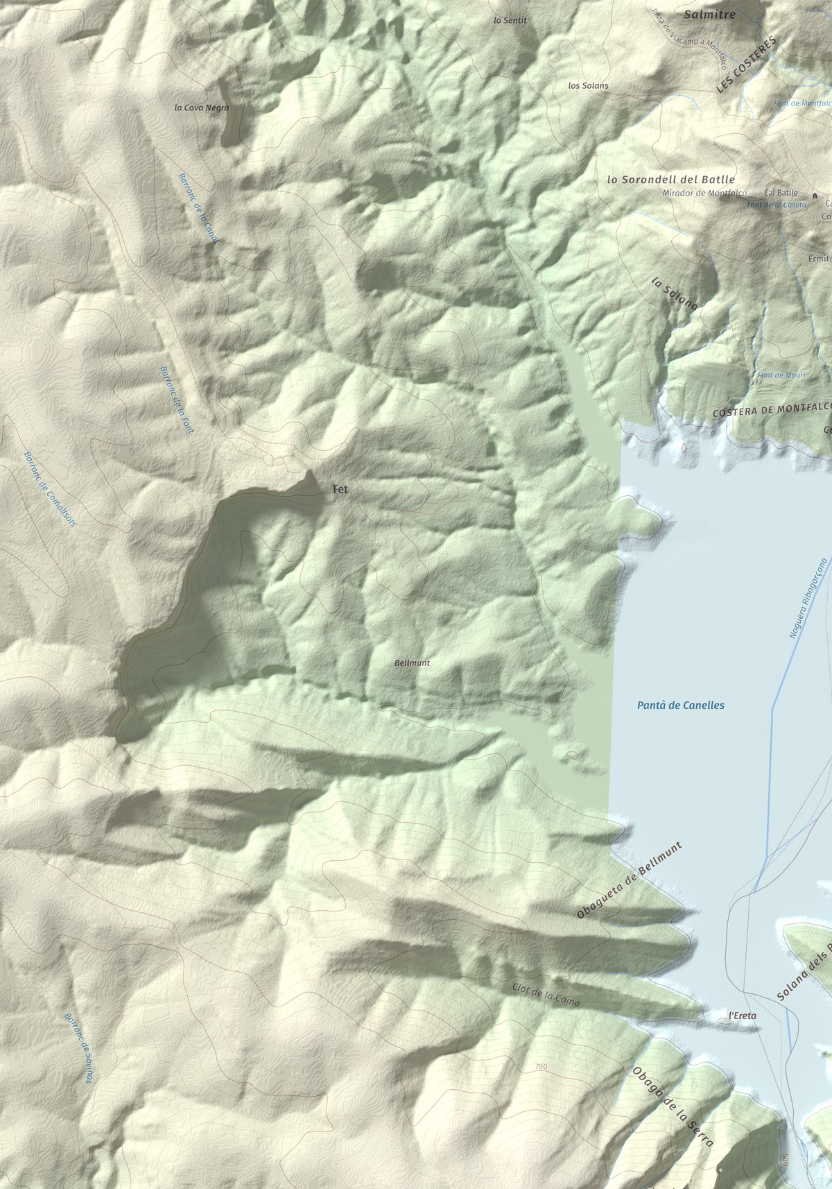 Mapa de relieve de Torre de les Conclues, 699 m, Noguera, lámina 100 Cims de Trobart. Detalle de la zona superior izquierda. 70 × 100 cm.