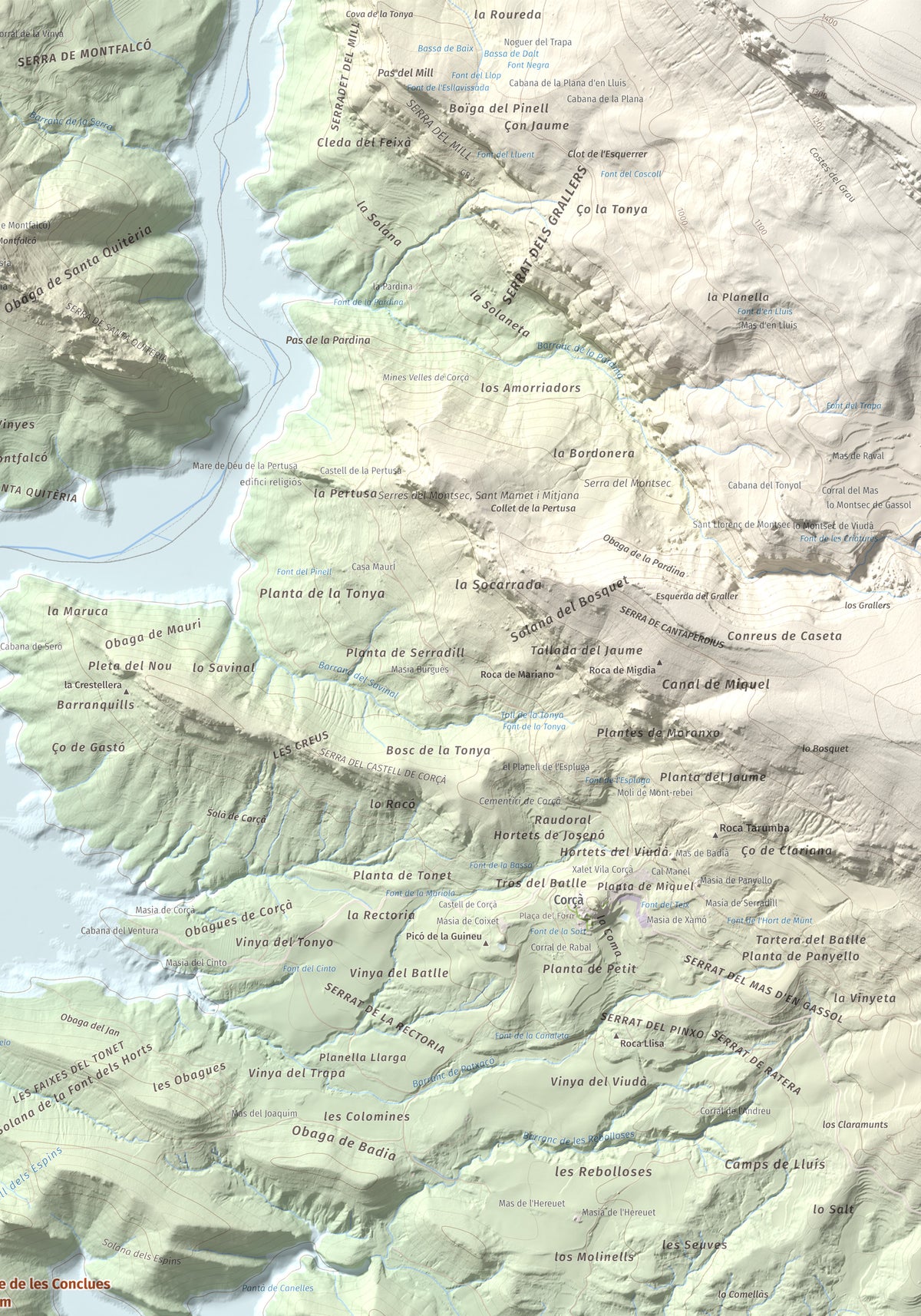 Mapa de relieve de Torre de les Conclues, 699 m, Noguera, lámina 100 Cims de Trobart. Detalle de la zona superior derecha. 70 × 100 cm.