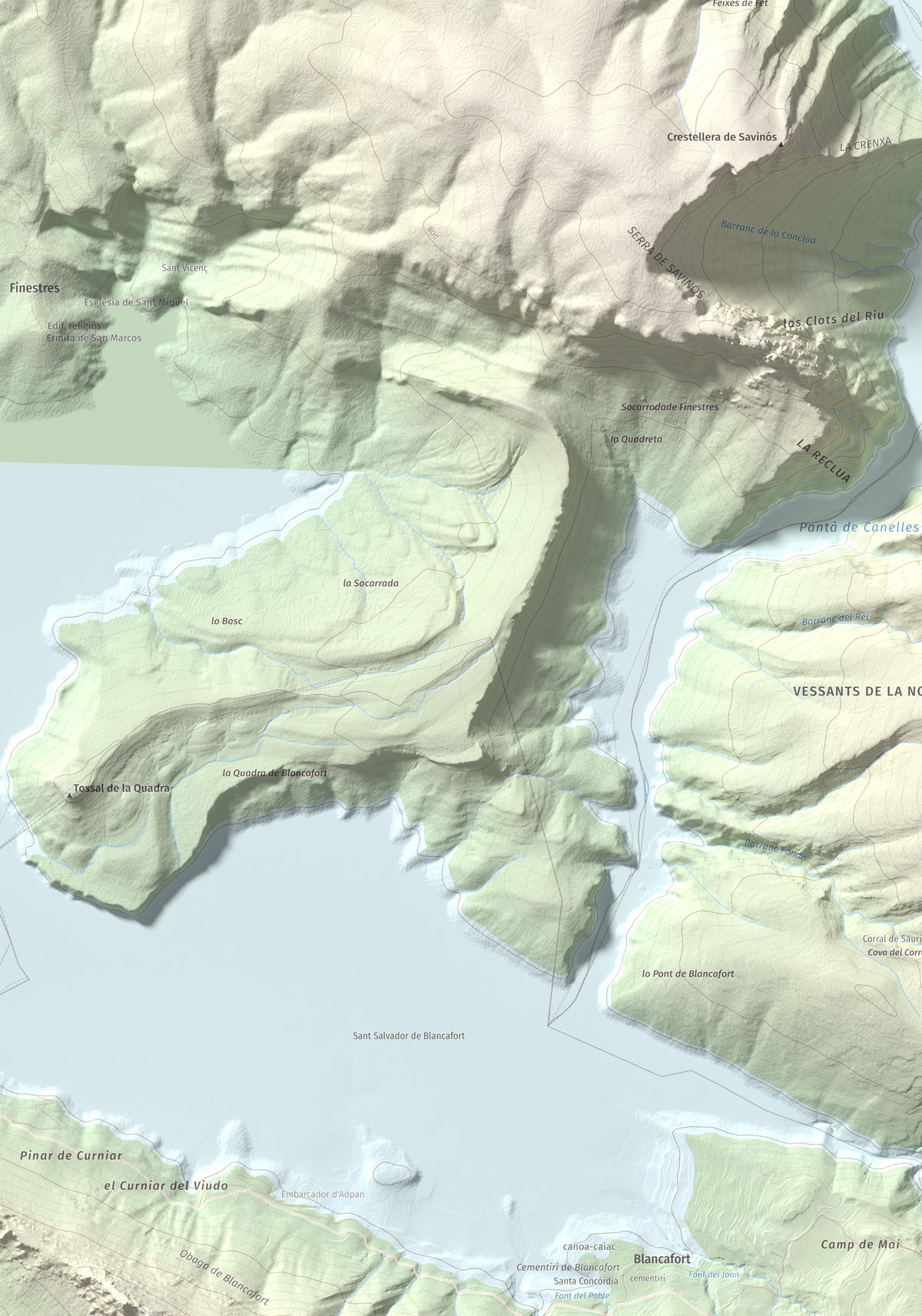 Mapa de relieve de Torre de les Conclues, 699 m, Noguera, lámina 100 Cims de Trobart. Detalle de la zona inferior izquierda. 70 × 100 cm.