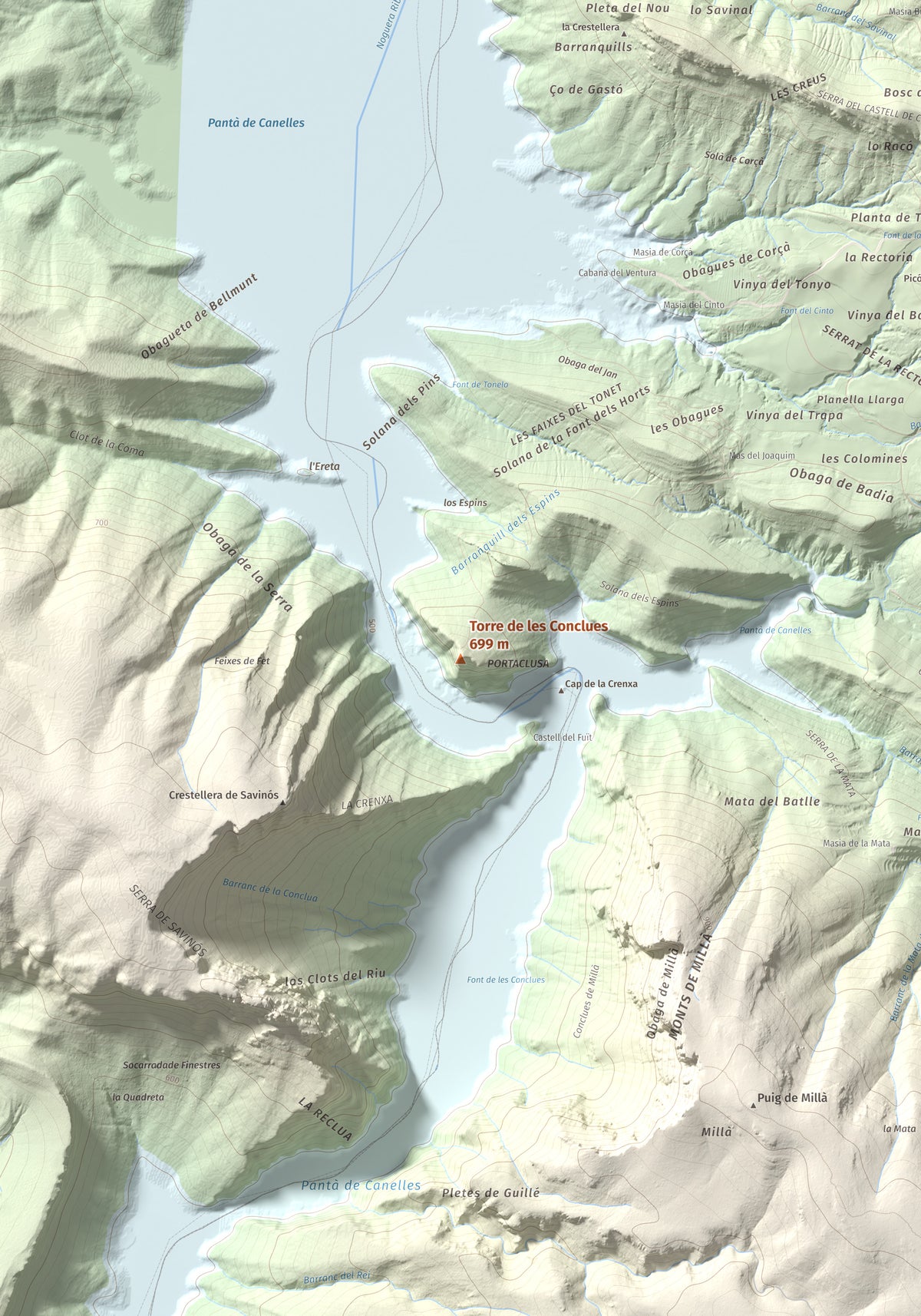 Mapa de relieve de Torre de les Conclues, 699 m, Noguera, lámina 100 Cims de Trobart. Detalle de la zona central. 70 × 100 cm.