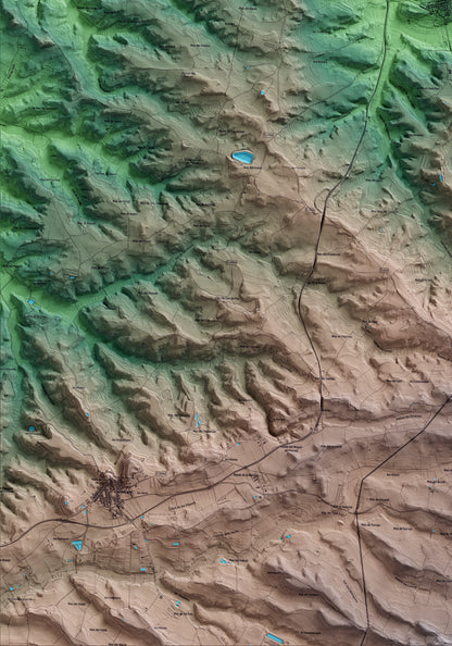 Mapa artístico del relieve de Torrebesses, al Segrià, con 15 km de entorno y base topográfica ICGC. Detalle de la zona inferior izquierda.