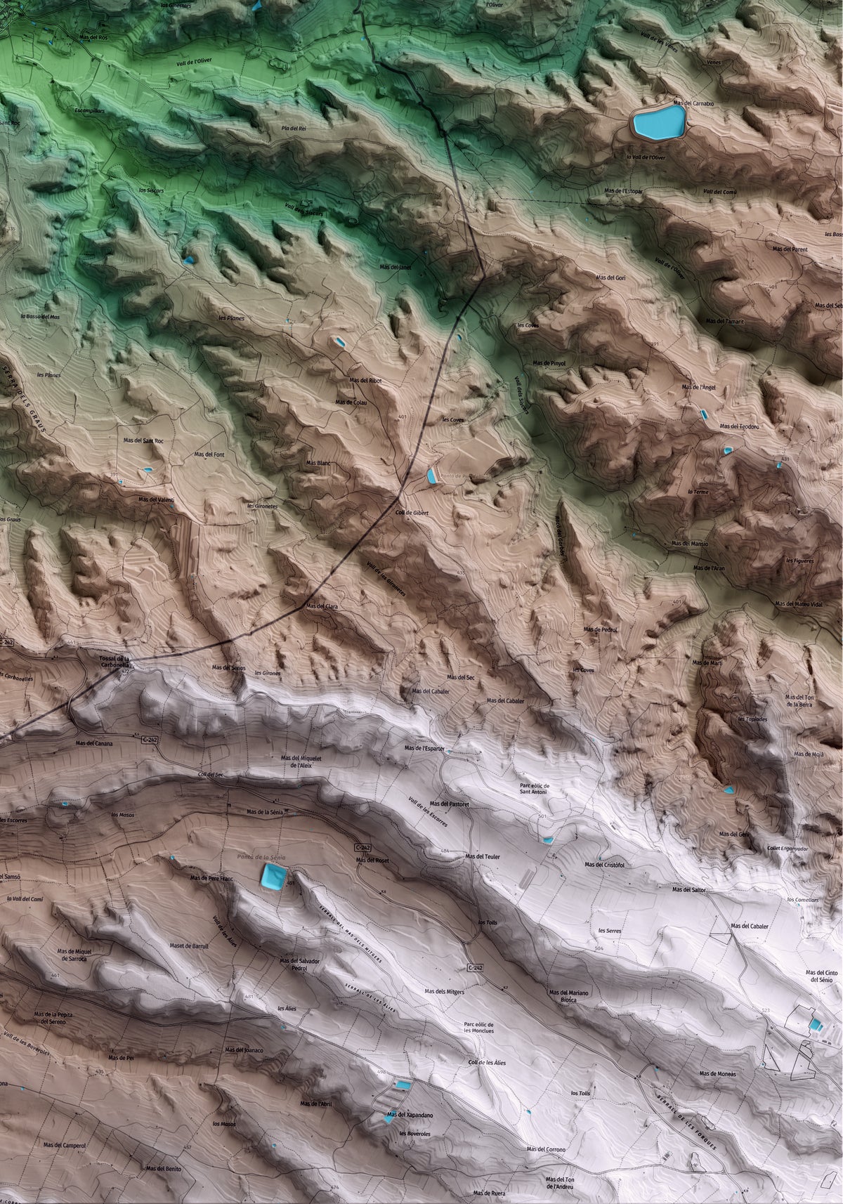 Mapa artístico del relieve de Torrebesses, al Segrià, con 15 km de entorno y base topográfica ICGC. Detalle de la zona inferior derecha.