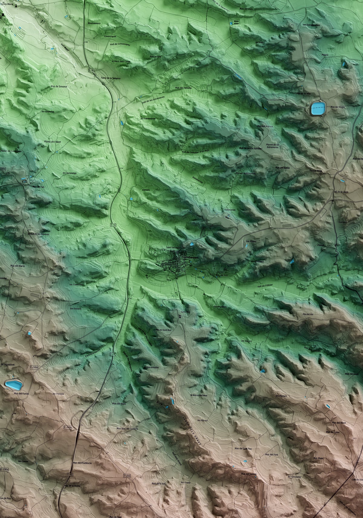 Mapa artístico del relieve de Torrebesses, al Segrià, con 15 km de entorno y base topográfica ICGC. Detalle de la zona central.
