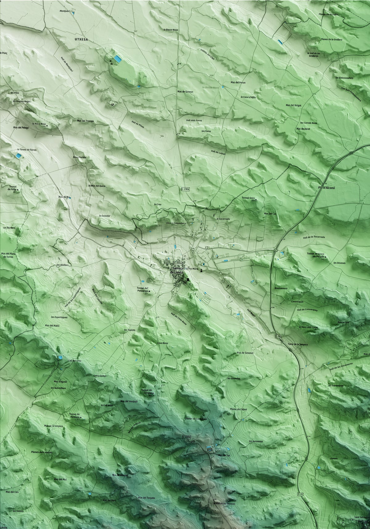 Mapa artístico del relieve de Torrebesses, al Segrià, con 15 km de entorno y base topográfica ICGC. Detalle de la zona superior izquierda.