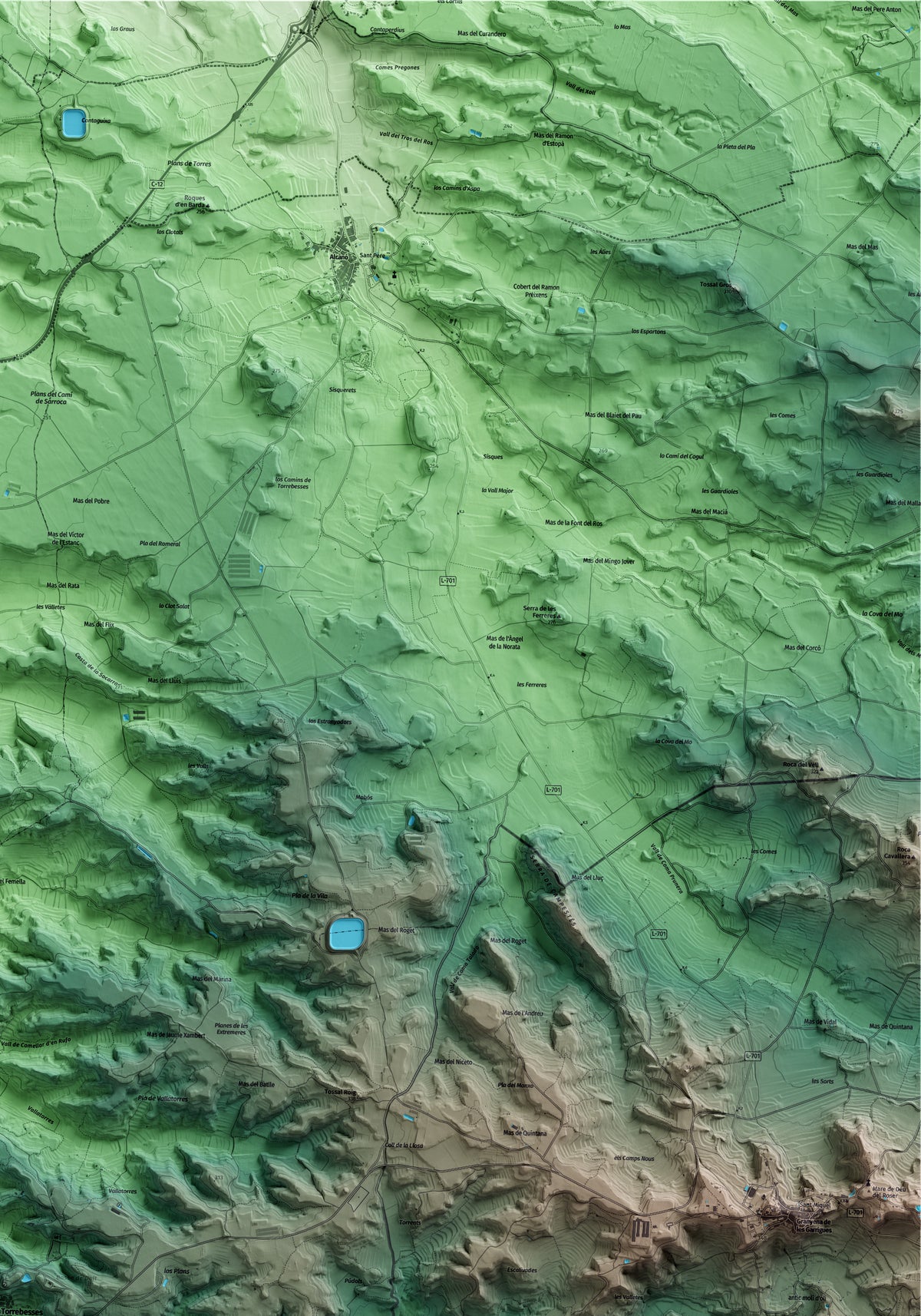 Mapa artístico del relieve de Torrebesses, al Segrià, con 15 km de entorno y base topográfica ICGC. Detalle de la zona superior derecha.