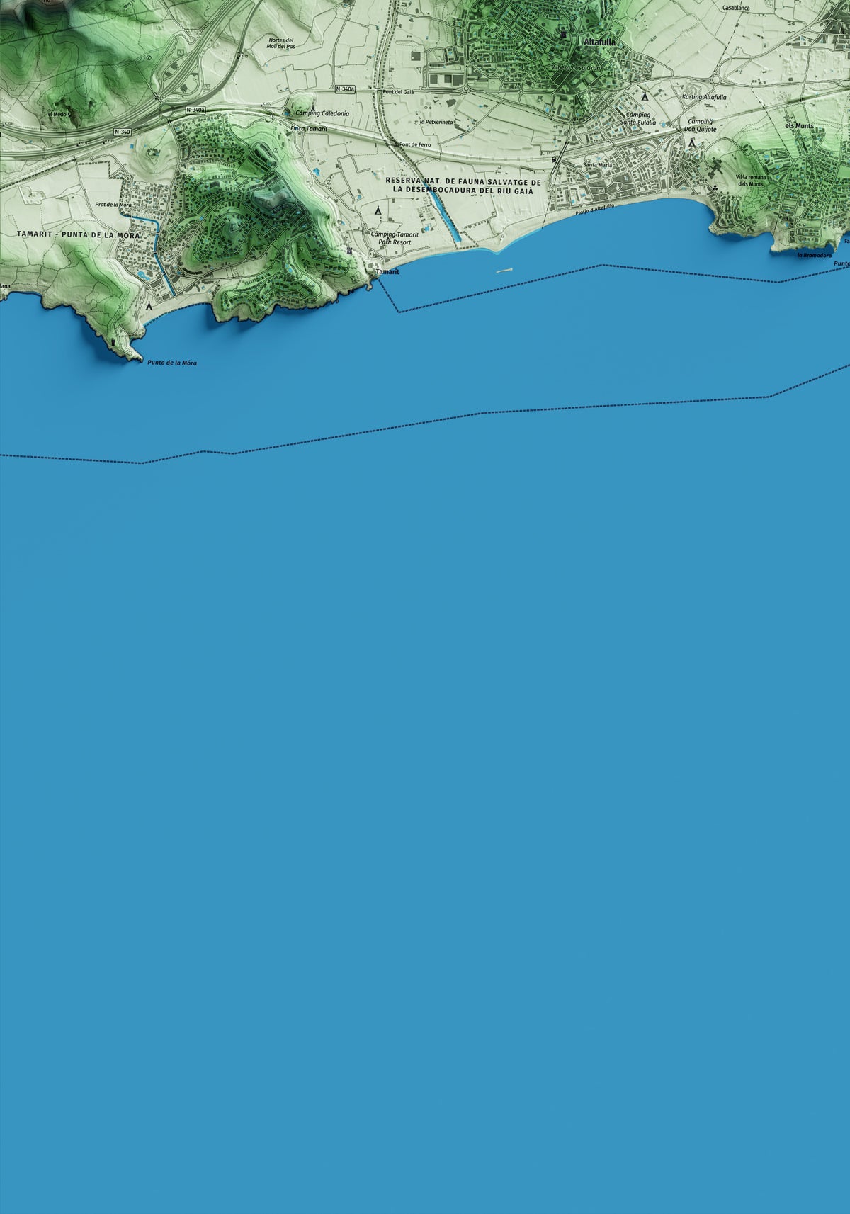 Mapa artístico del relieve de Torredembarra, al Tarragonès, con 15 km de entorno y base topográfica ICGC. Detalle de la zona inferior izquierda.