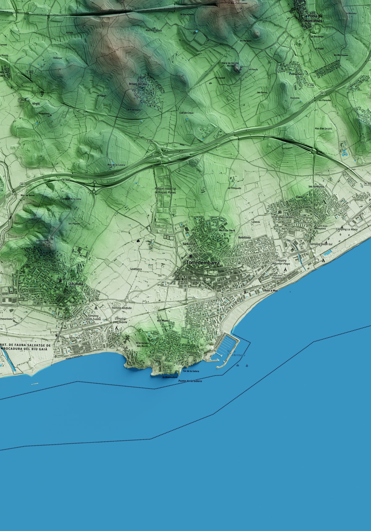Mapa artístico del relieve de Torredembarra, al Tarragonès, con 15 km de entorno y base topográfica ICGC. Detalle de la zona central.