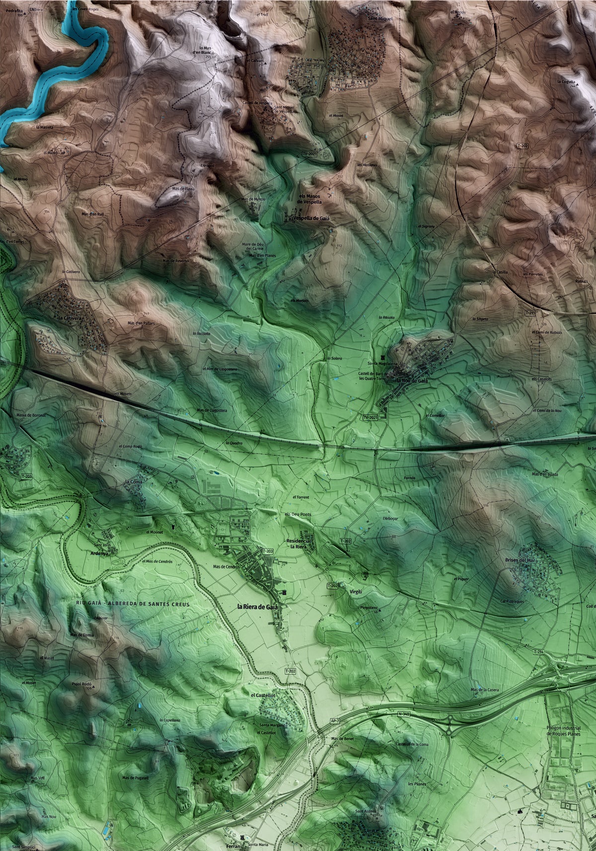 Mapa artístico del relieve de Torredembarra, al Tarragonès, con 15 km de entorno y base topográfica ICGC. Detalle de la zona superior izquierda.