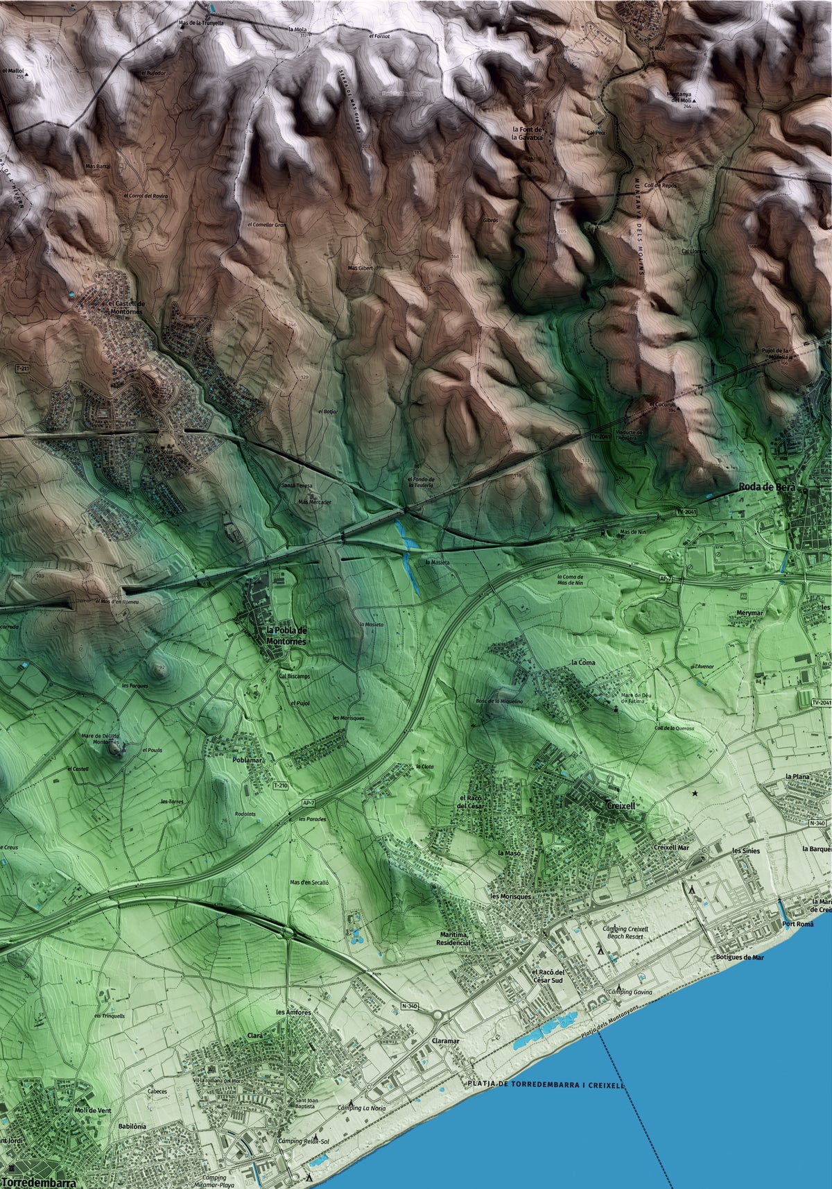 Mapa artístico del relieve de Torredembarra, al Tarragonès, con 15 km de entorno y base topográfica ICGC. Detalle de la zona superior derecha.