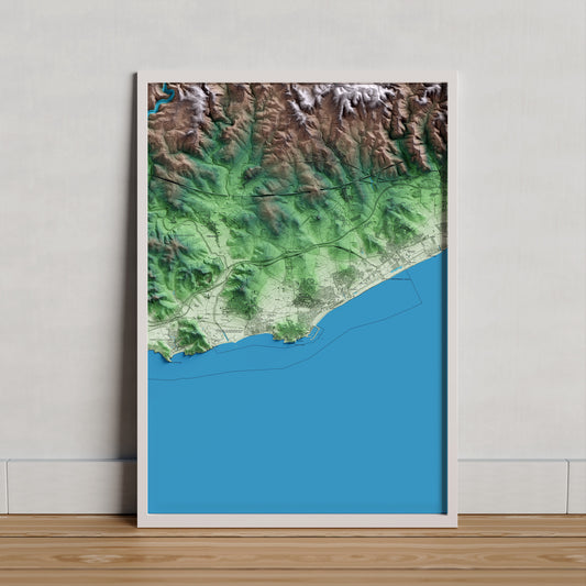 Mapa artístico del relieve de Torredembarra, al Tarragonès, con 15 km de entorno y base topográfica ICGC. Presentación enmarcada.