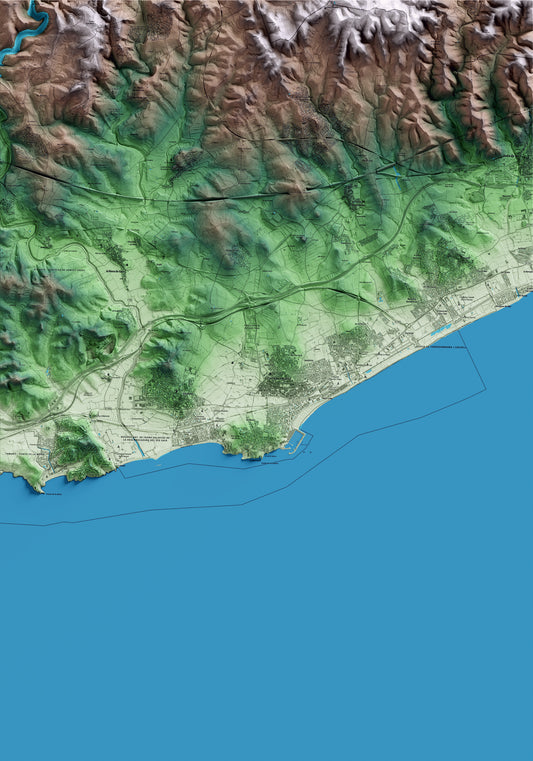 Mapa artístico del relieve de Torredembarra, al Tarragonès, con 15 km de entorno y base topográfica ICGC
