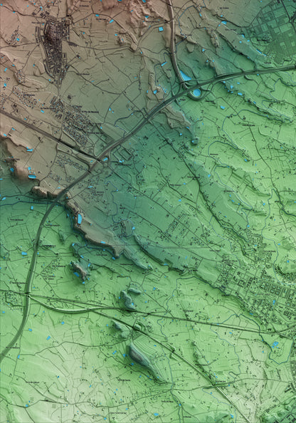 Mapa artístico del relieve de Torrefarrera, al Segrià, con 15 km de entorno y base topográfica ICGC. Detalle de la zona inferior izquierda.