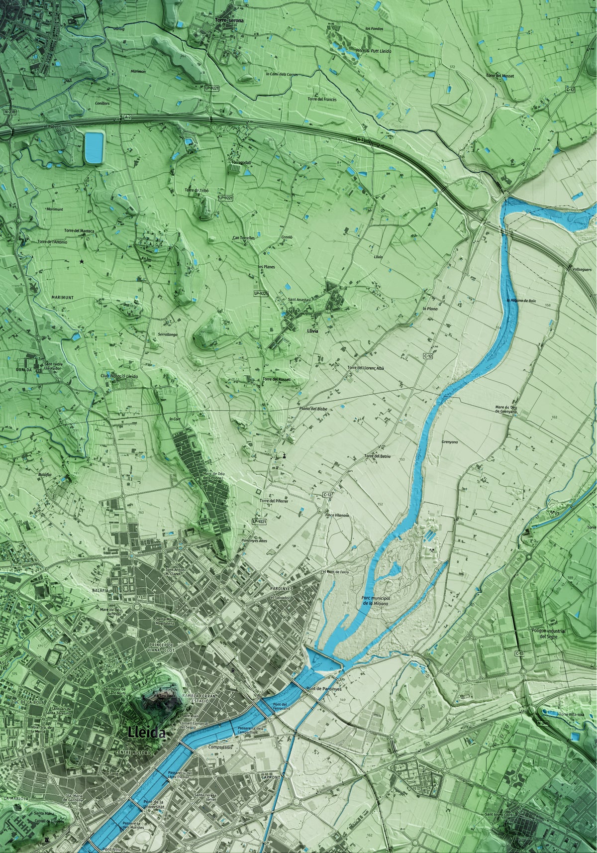 Mapa artístico del relieve de Torrefarrera, al Segrià, con 15 km de entorno y base topográfica ICGC. Detalle de la zona inferior derecha.