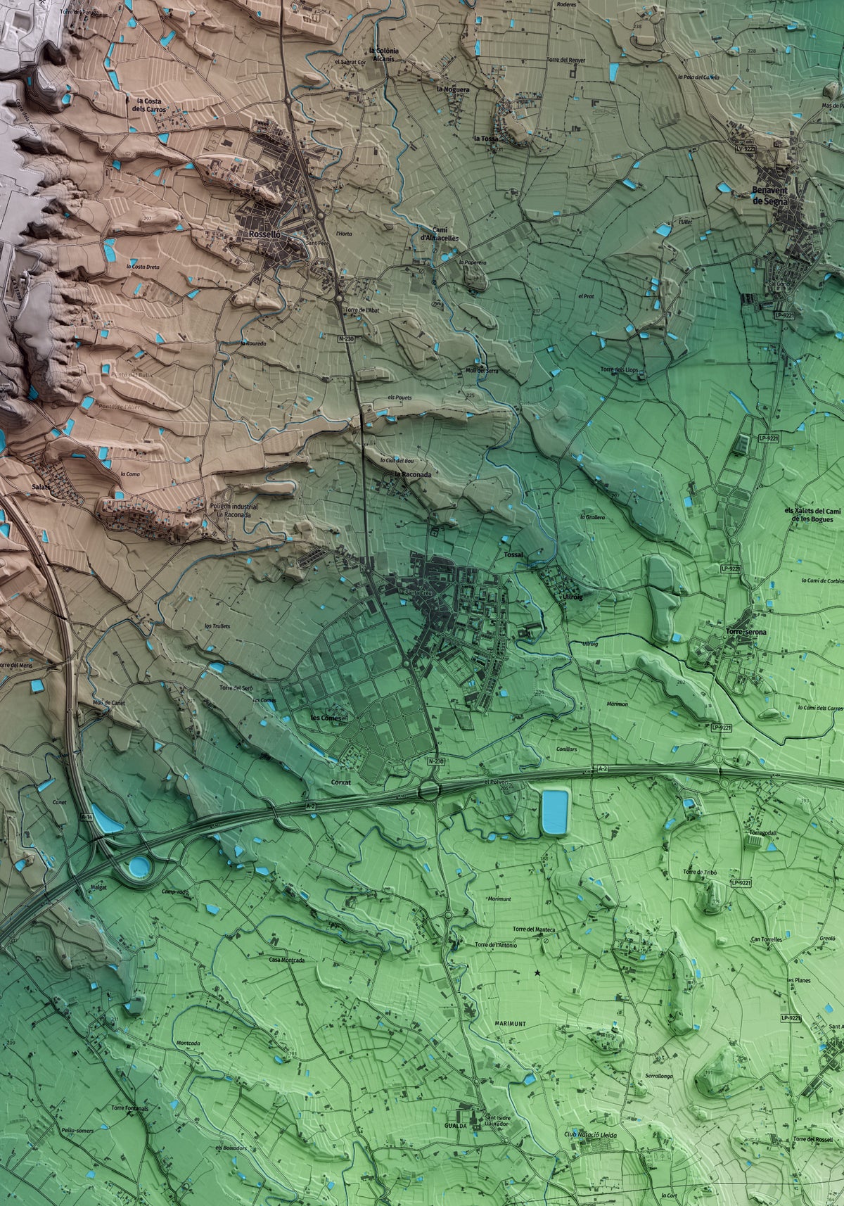 Mapa artístico del relieve de Torrefarrera, al Segrià, con 15 km de entorno y base topográfica ICGC. Detalle de la zona central.