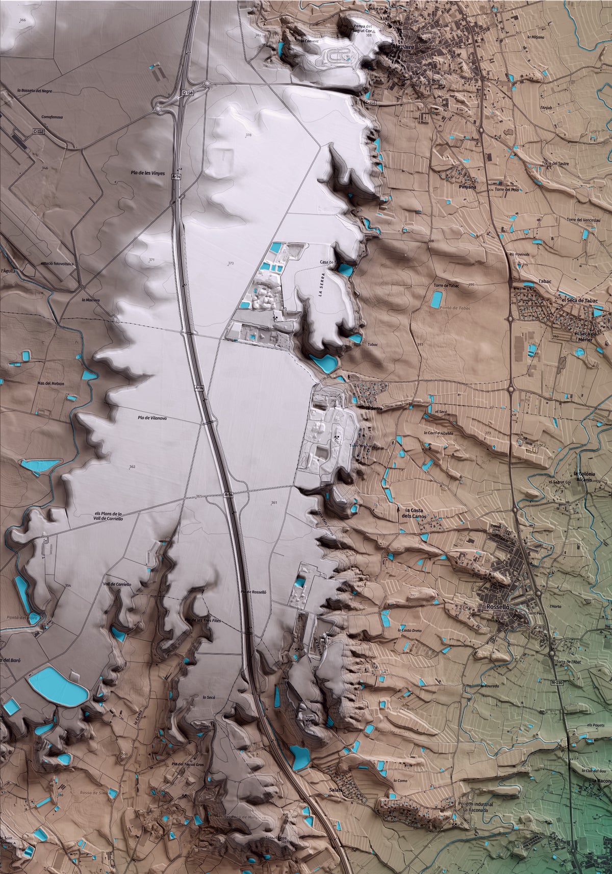 Mapa artístico del relieve de Torrefarrera, al Segrià, con 15 km de entorno y base topográfica ICGC. Detalle de la zona superior izquierda.
