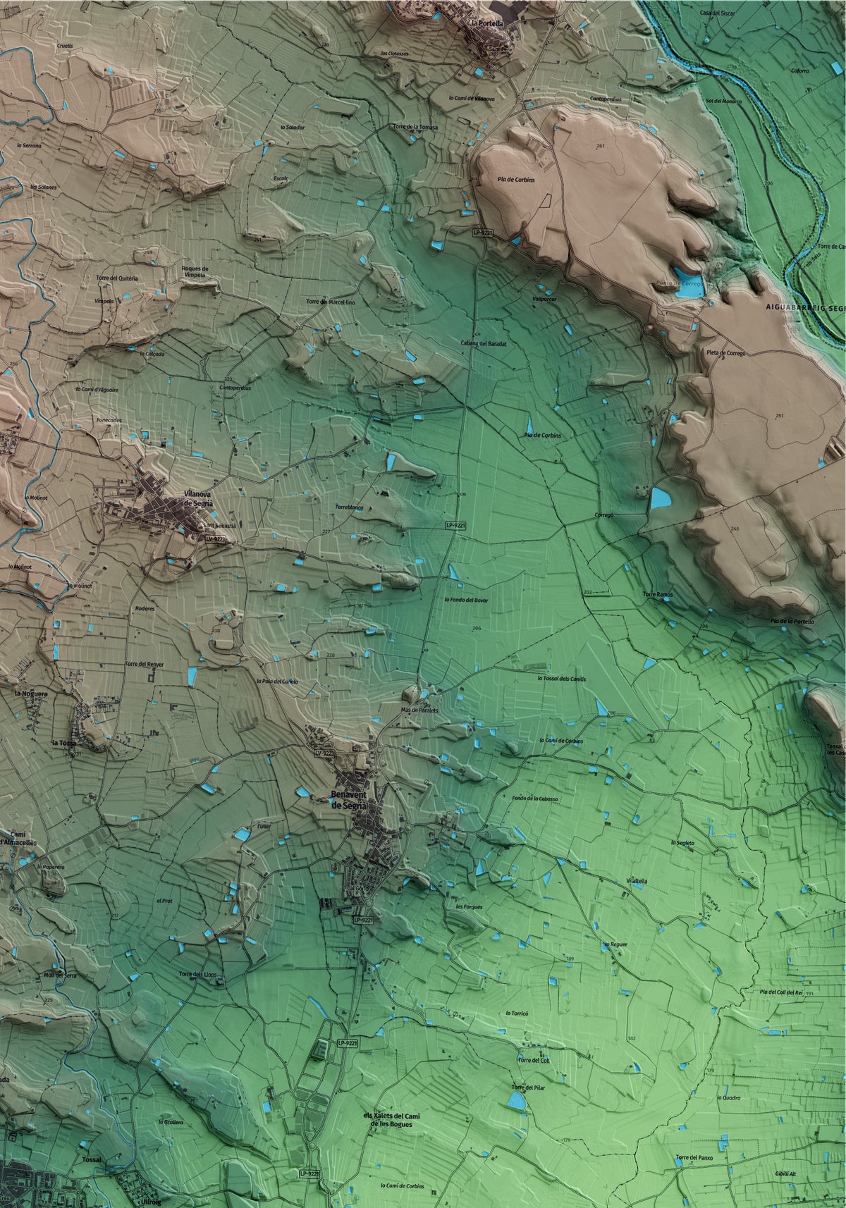 Mapa artístico del relieve de Torrefarrera, al Segrià, con 15 km de entorno y base topográfica ICGC. Detalle de la zona superior derecha.