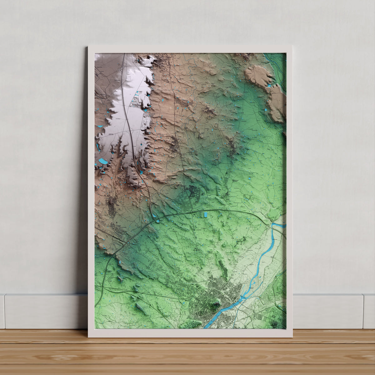 Mapa artístico del relieve de Torrefarrera, al Segrià, con 15 km de entorno y base topográfica ICGC. Presentación enmarcada.