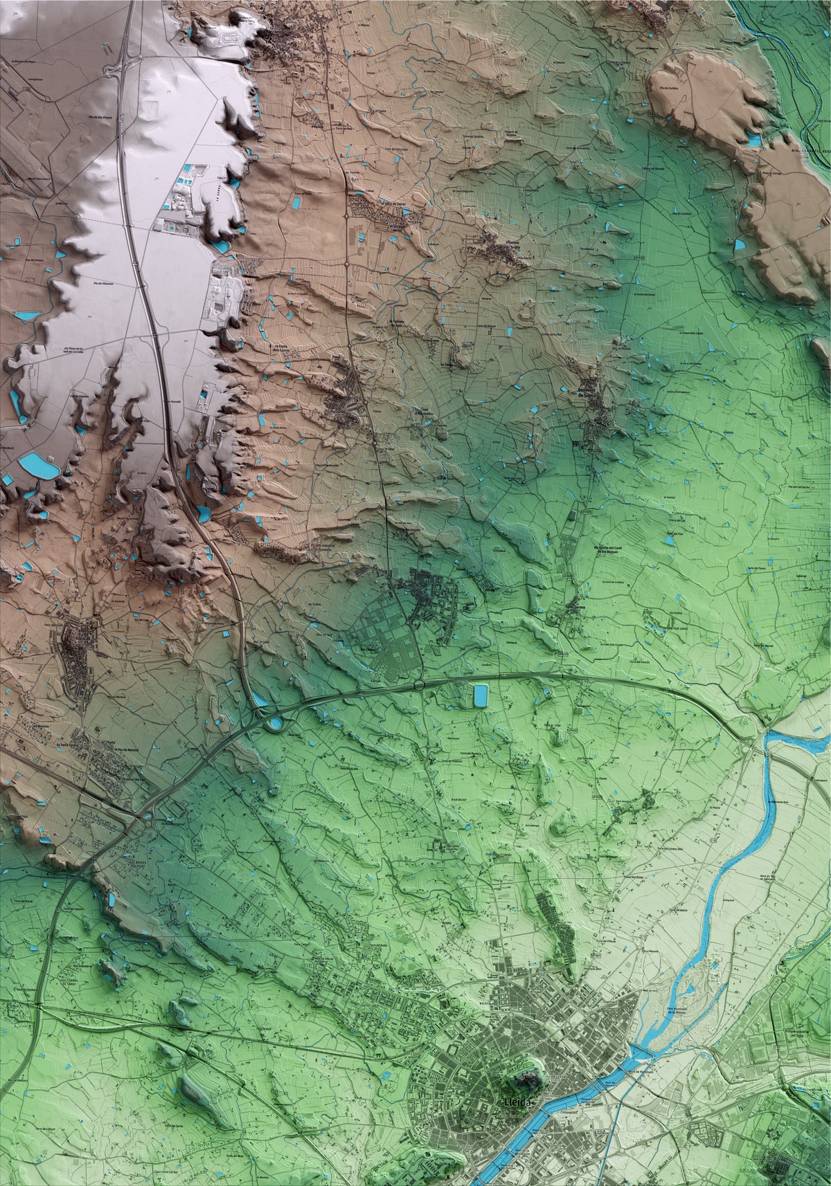 Mapa artístico del relieve de Torrefarrera, al Segrià, con 15 km de entorno y base topográfica ICGC