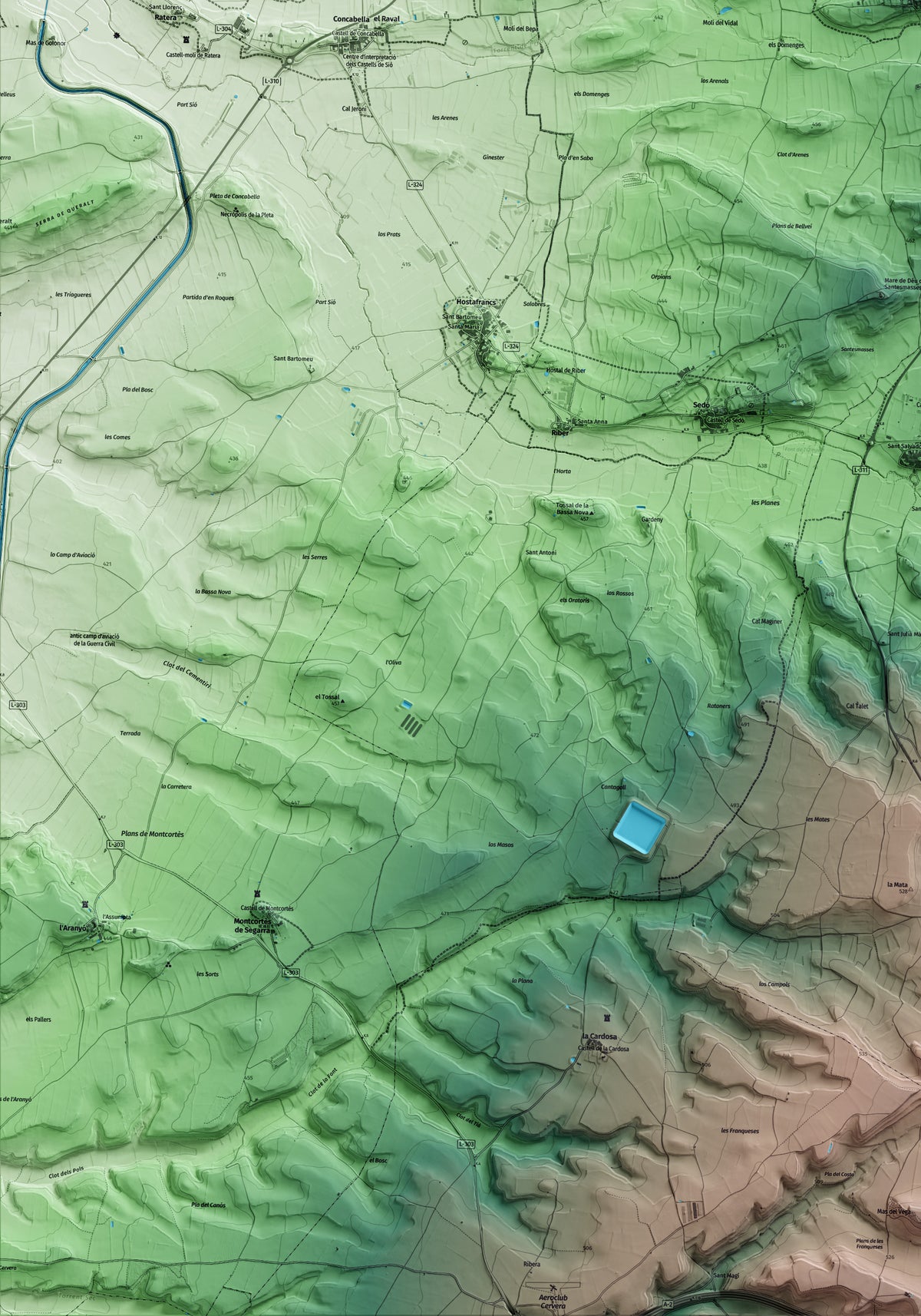 Mapa artístico del relieve de Torrefeta i Florejacs, a la Segarra, con 15 km de entorno y base topográfica ICGC. Detalle de la zona inferior izquierda.