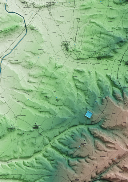 Mapa artístico del relieve de Torrefeta i Florejacs, a la Segarra, con 15 km de entorno y base topográfica ICGC. Detalle de la zona inferior izquierda.