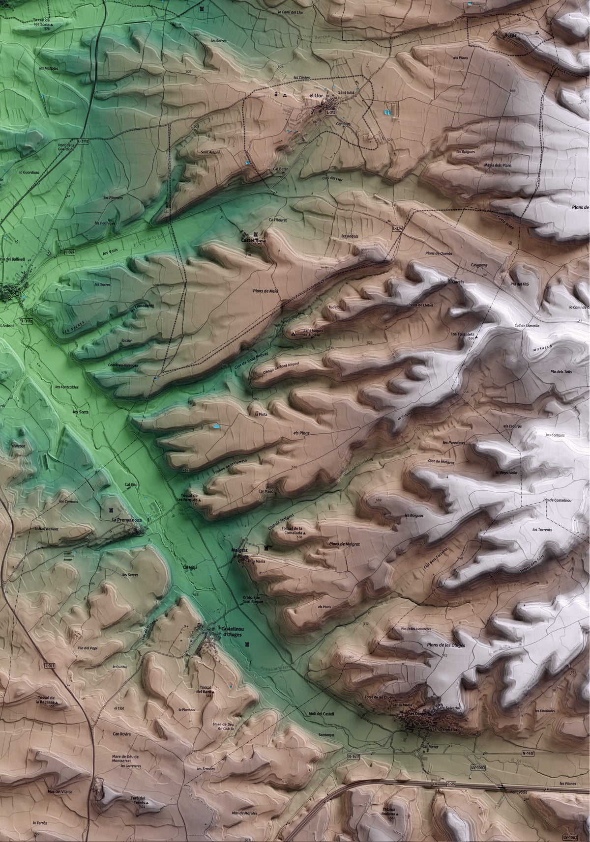 Mapa artístico del relieve de Torrefeta i Florejacs, a la Segarra, con 15 km de entorno y base topográfica ICGC. Detalle de la zona inferior derecha.