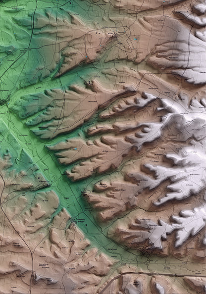 Mapa artístico del relieve de Torrefeta i Florejacs, a la Segarra, con 15 km de entorno y base topográfica ICGC. Detalle de la zona inferior derecha.