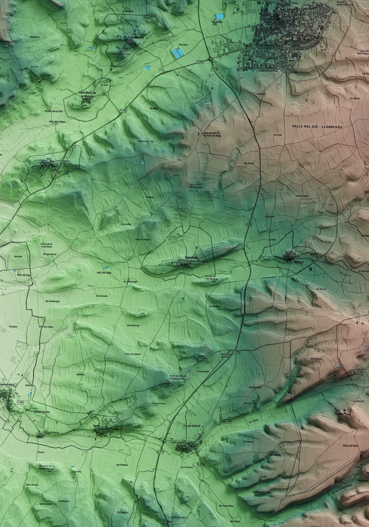 Mapa artístico del relieve de Torrefeta i Florejacs, a la Segarra, con 15 km de entorno y base topográfica ICGC. Detalle de la zona central.