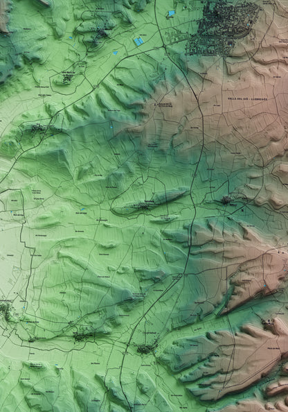 Mapa artístico del relieve de Torrefeta i Florejacs, a la Segarra, con 15 km de entorno y base topográfica ICGC. Detalle de la zona central.