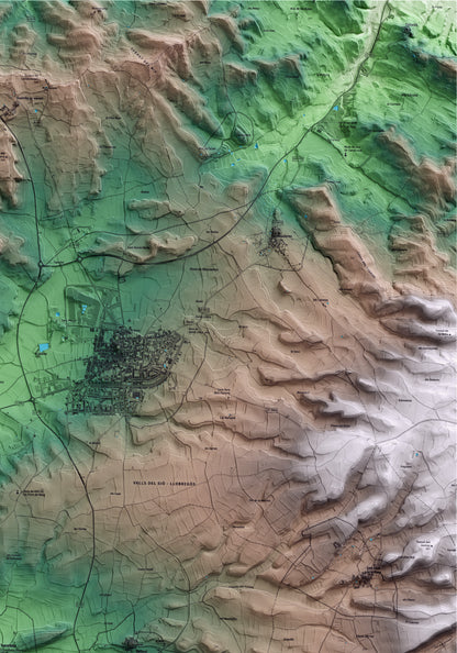 Mapa artístico del relieve de Torrefeta i Florejacs, a la Segarra, con 15 km de entorno y base topográfica ICGC. Detalle de la zona superior derecha.
