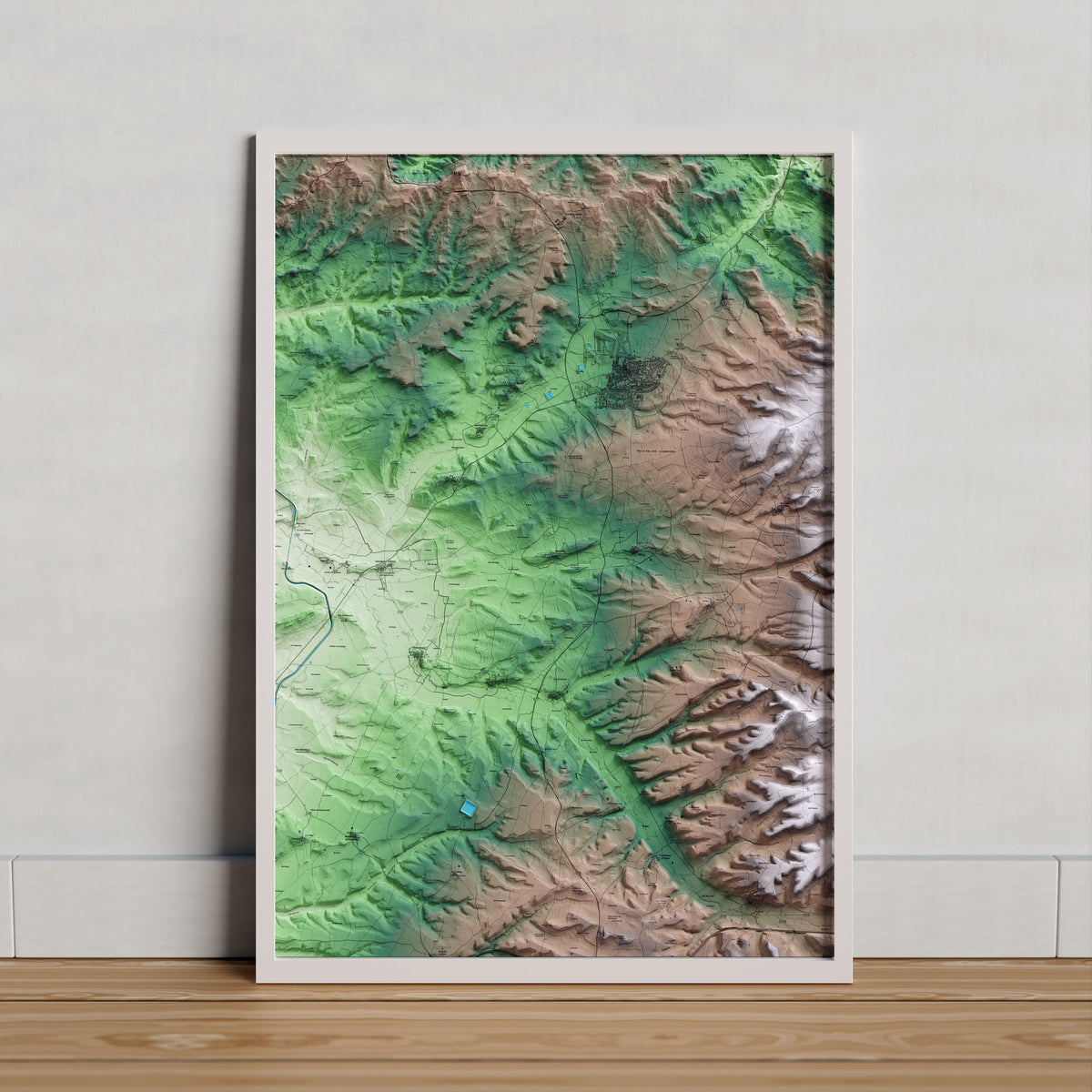 Mapa artístico del relieve de Torrefeta i Florejacs, a la Segarra, con 15 km de entorno y base topográfica ICGC. Presentación enmarcada.
