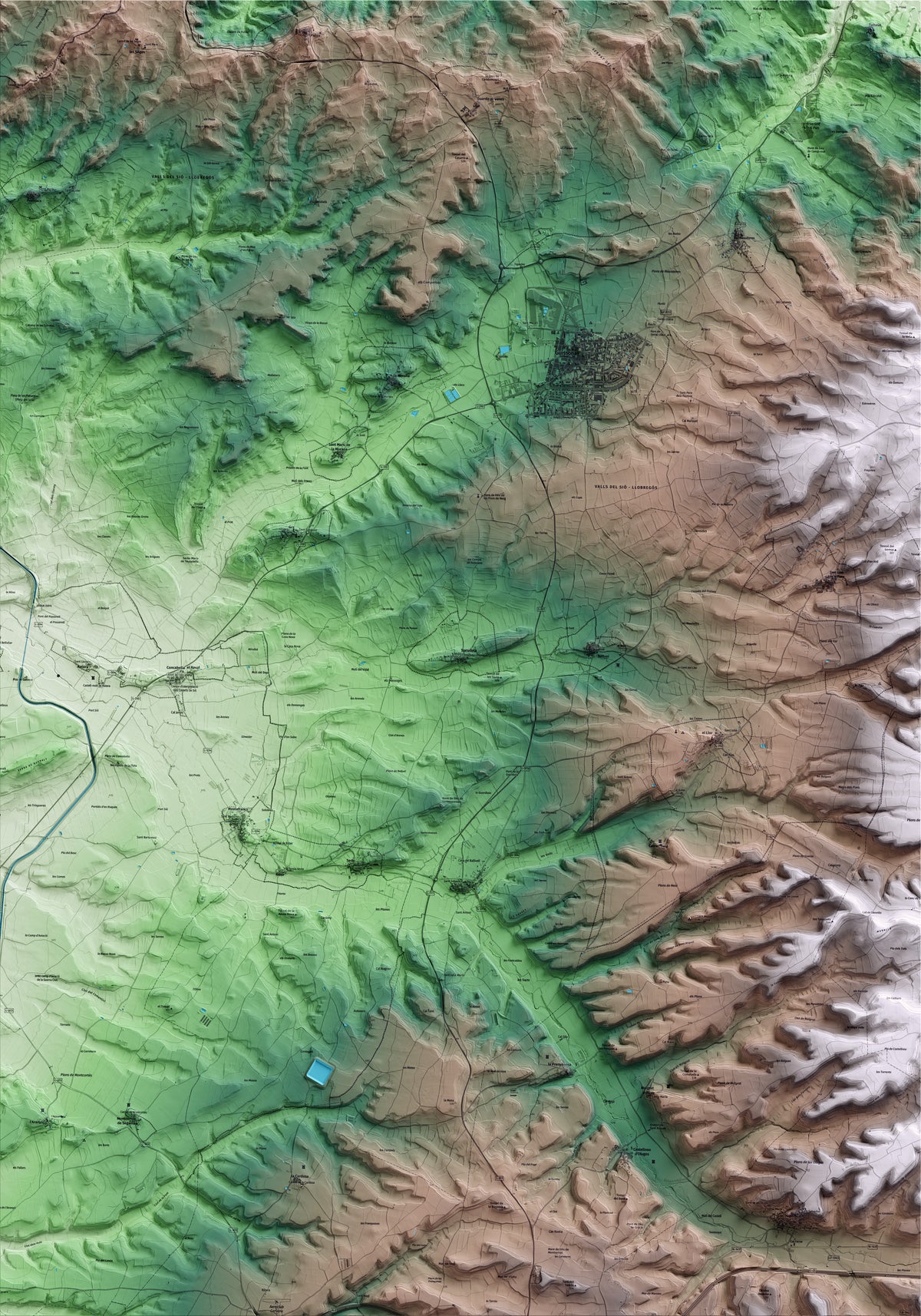 Mapa artístico del relieve de Torrefeta i Florejacs, a la Segarra, con 15 km de entorno y base topográfica ICGC