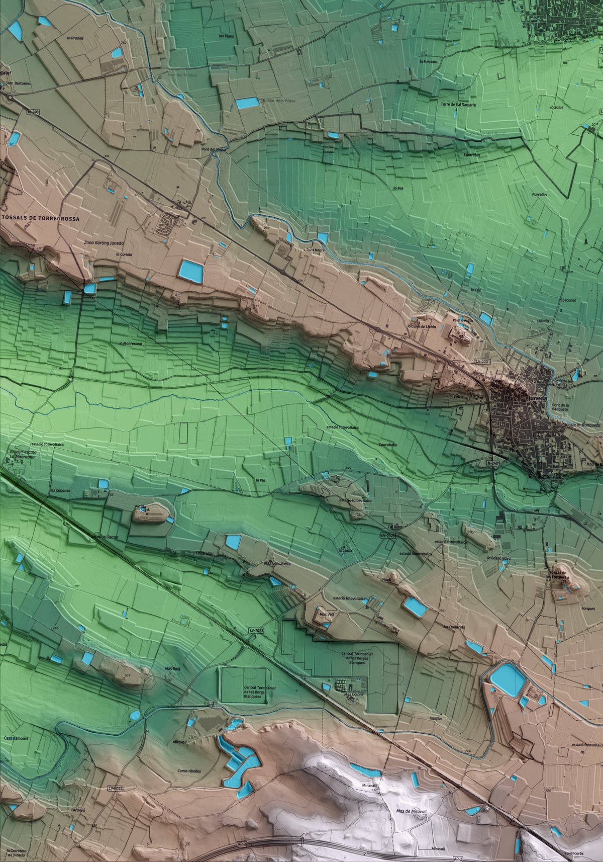 Mapa artístico del relieve de Torregrossa, en el Pla d'Urgell, con 15 km de entorno y base topográfica ICGC. Detalle de la zona inferior izquierda.