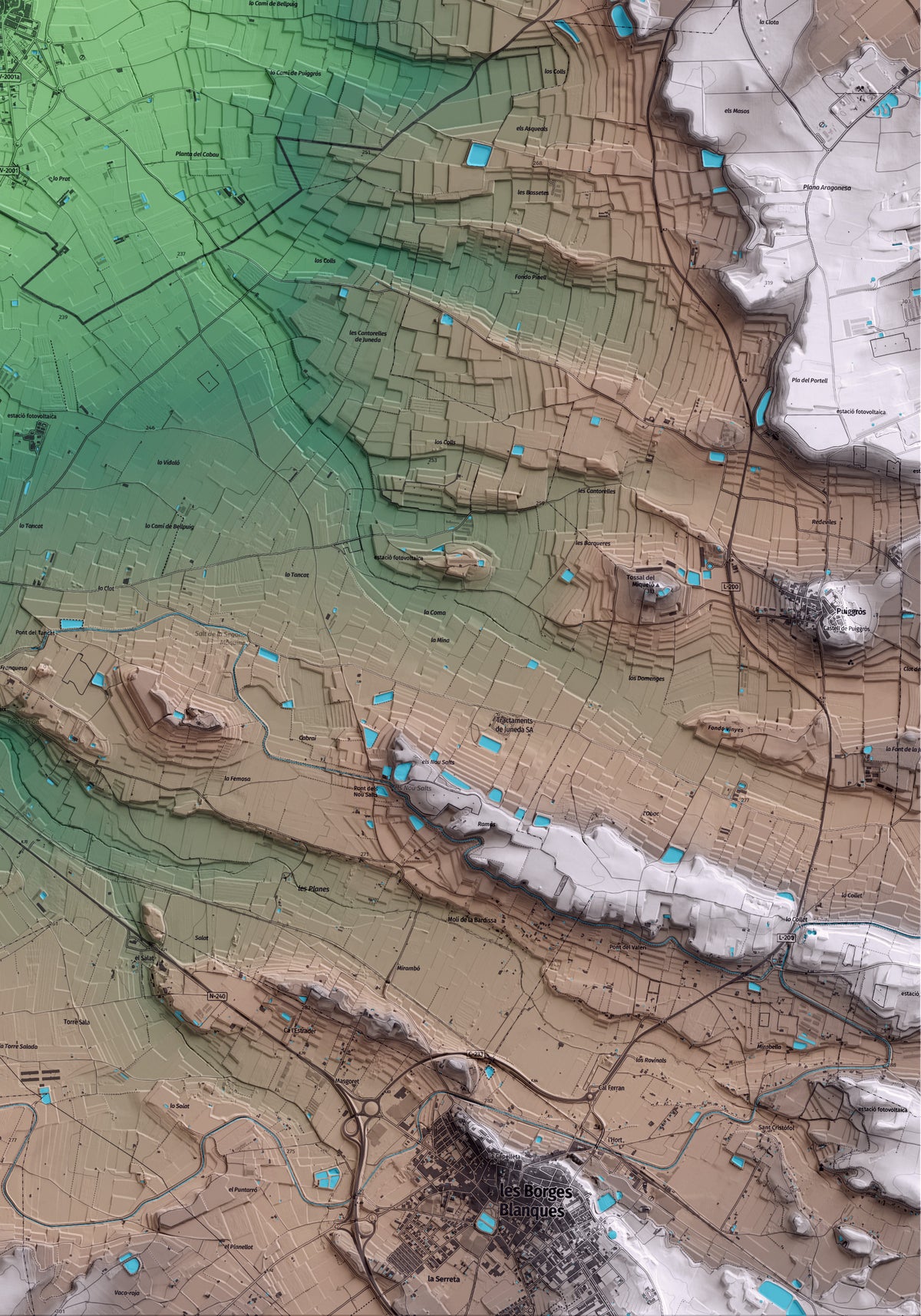 Mapa artístico del relieve de Torregrossa, en el Pla d'Urgell, con 15 km de entorno y base topográfica ICGC. Detalle de la zona inferior derecha.