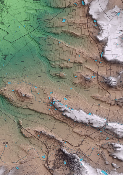 Mapa artístico del relieve de Torregrossa, en el Pla d'Urgell, con 15 km de entorno y base topográfica ICGC. Detalle de la zona inferior derecha.