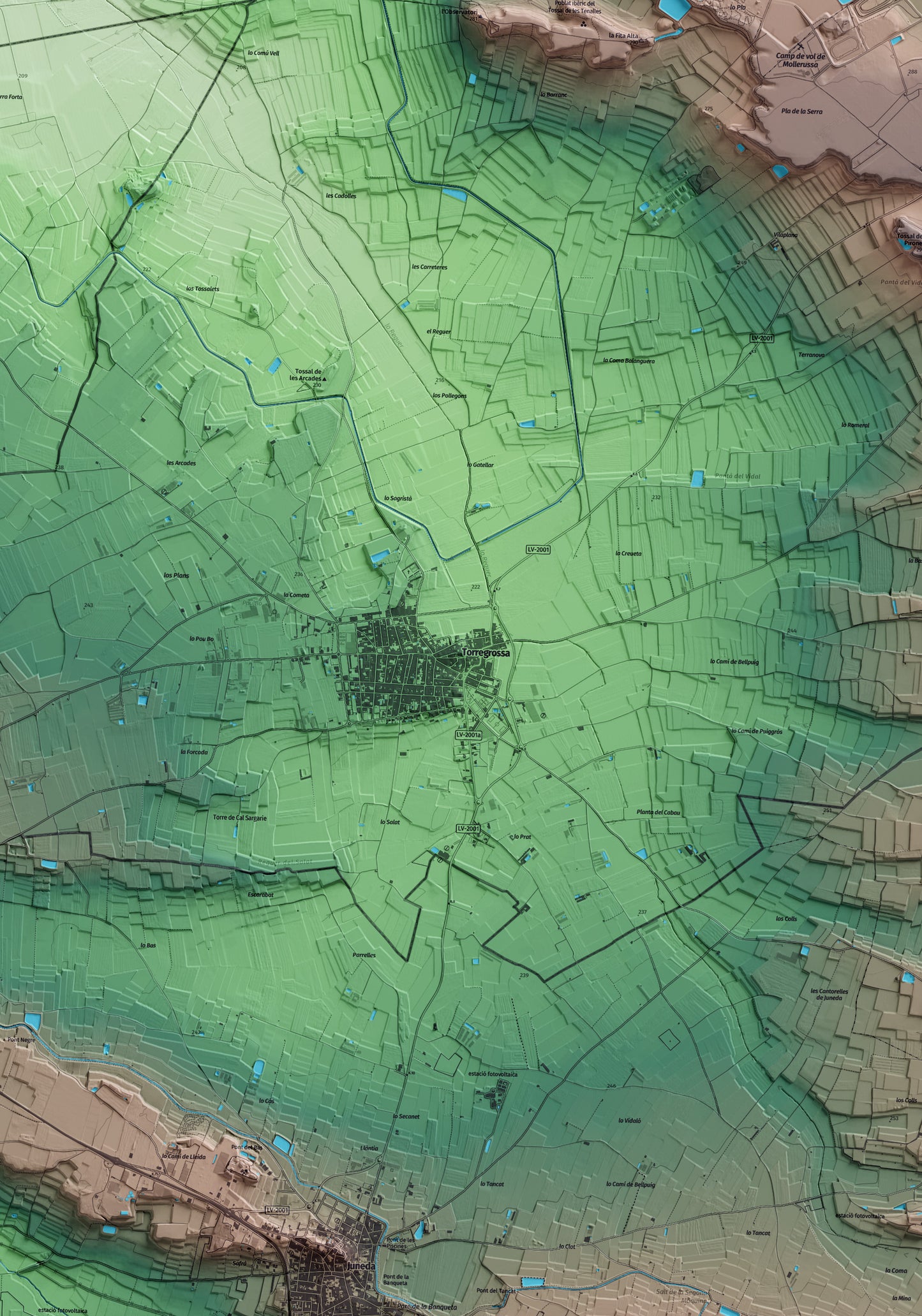Mapa artístico del relieve de Torregrossa, en el Pla d'Urgell, con 15 km de entorno y base topográfica ICGC. Detalle de la zona central.