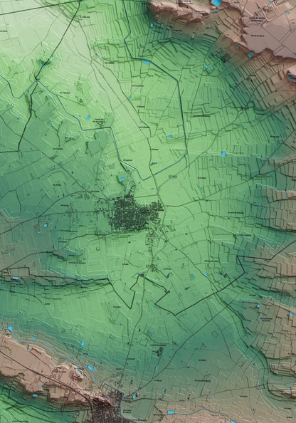 Mapa artístico del relieve de Torregrossa, en el Pla d'Urgell, con 15 km de entorno y base topográfica ICGC. Detalle de la zona central.
