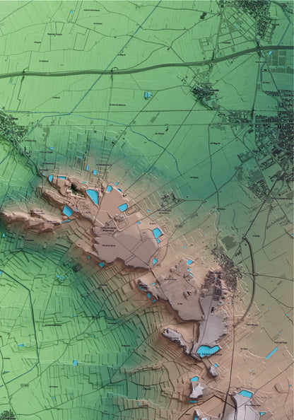 Mapa artístico del relieve de Torregrossa, en el Pla d'Urgell, con 15 km de entorno y base topográfica ICGC. Detalle de la zona superior derecha.