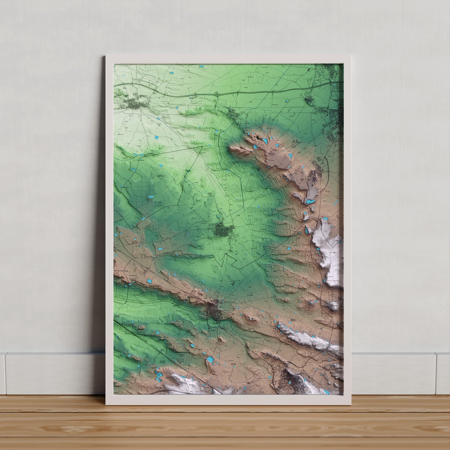Mapa artístico del relieve de Torregrossa, en el Pla d'Urgell, con 15 km de entorno y base topográfica ICGC. Presentación enmarcada.